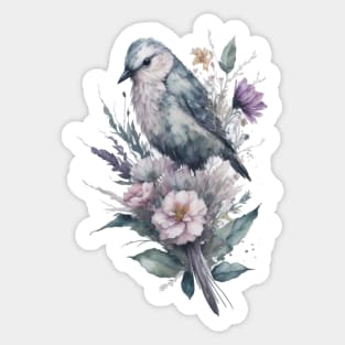 Little Bird around Flowers: Scattered Watercolor in Pastel Colors. Sticker